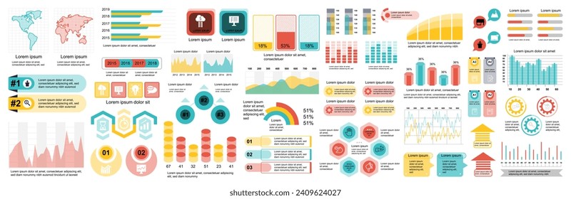 Mega set of infographic elements data visualization vector design template. Can be used for steps, options, business process, workflow, diagram, flowchart, timeline, marketing. Bundle info graphics.