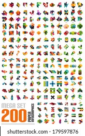 Mega set of infographic templates made of pieces of paper - 200 designs - stripes, ribbons, lines. For banners, business backgrounds, presentations