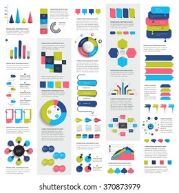 Mega set of infographics elements charts, graphs, circle charts, diagrams, speech bubbles, time lines. Flat and 3D design. Vector.