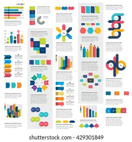 Mega set of infographics elements charts, graphs, diagrams, speech bubbles. Flat and 3D design. Vector.