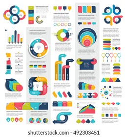 Mega set of infographics elements charts, graphs, circle charts, diagrams, speech bubbles. Flat and 3D design. Vector.