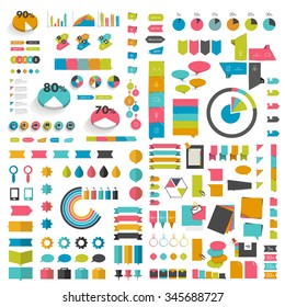 Mega set infographics flat design elements, schemes, charts, buttons, speech bubbles, stickers. Vector illustration.