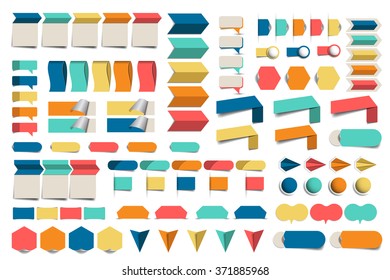 Mega conjunto de infográficos elementos de design plano, esquemas, gráficos, botões, balões de fala, adesivos. Ilustração vetorial.