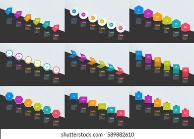 Mega set of Infographics timeline banners, charts. Step by step report templates. Vector.