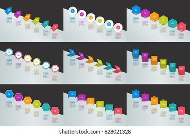 Mega set of Infographics timeline banners, charts. Step by step report templates. Vector.