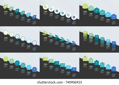 Mega set of Infographics timeline banners, charts. Step by step report templates. Vector.