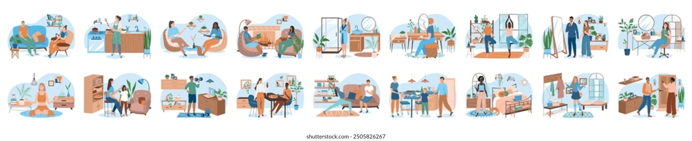 Mega set of interior concepts with people scene in flat cartoon design. This collection depicts impressive scenes against the backdrop of various interiors. Vector illustration.