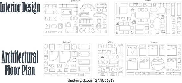 Mega Set of Interior Design Furniture Symbols for Architectural Floor Plan Blueprint Layout Vector Icons