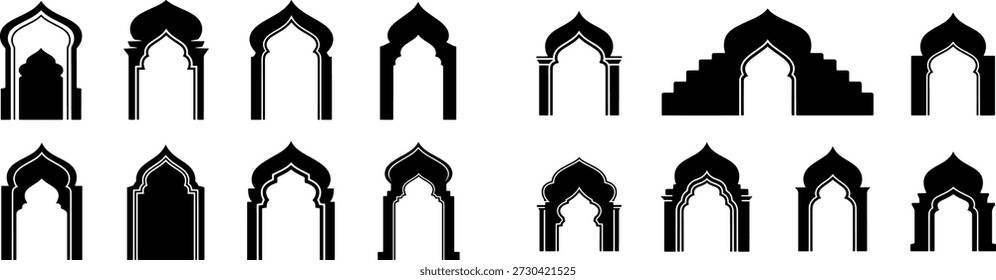 Mega conjunto de silhuetas de portas de arcos e mesquitas islâmicas. Coleção de molduras de mirabe árabe, fronteiras de portão orientais e projetos de janelas muçulmanas tradicionais para o Ramadã e Eid Mubarak.