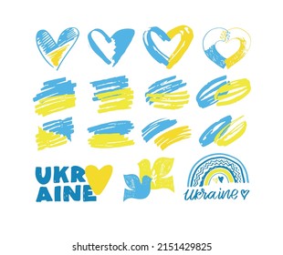 Mega set. Lettering postcard hand drawn about Support Ukraine. Blue yellow ukrainian flag background.