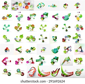 Mega juego de luces, opciones de diseño de papel, plantillas de banner infográfico. Varias formas geométricas universales con texto de ejemplo, pasos, conexiones