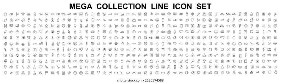 Mega conjunto de ícones de linha. Negócios, comércio eletrônico, tecnologia, medicina, ecologia, criptografia, finanças, mídia social, gerenciamento, inteligência artificial e muito mais. Coleção de ícones lineares do conjunto grande