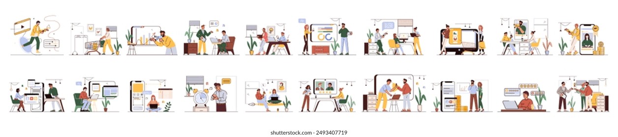 Mega set of linear color concepts with people scene in flat cartoon design. A big collection of scenes with men and women in various situations. Vector illustration.