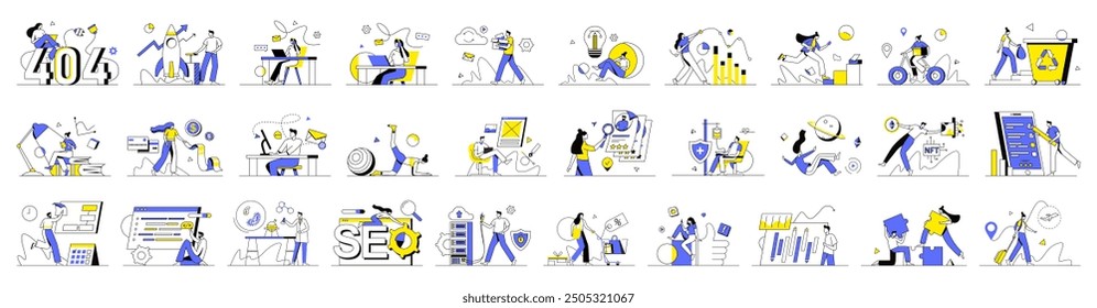 Mega set of linear minimalist concepts with people scene in flat cartoon design. The set of illustrations with big elements and cover a variety of topics. Vector illustration.