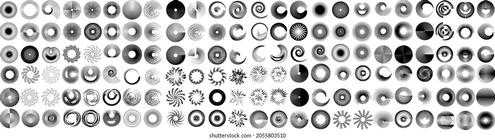 Mega set of lines in Circle Form . Spiral Vector Illustration .Big collection of round Logos . Design element . Abstract Geometric circular shapes .Rotating radial lines collection. Concentric circles