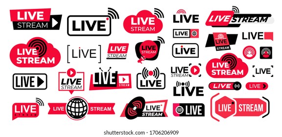 Mega set of live streaming vector icons. Red and black symbols and buttons of live streaming, broadcasting, online stream. Design for tv shows movies and live performances isolated on white background