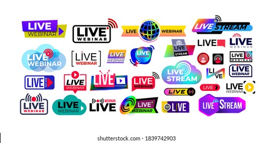 Mega set of live webinar colored button, icon, emblem label. Live streaming icons. Broadcasting video news, tv stream screen banners. Online channel, live event stickers. Vector illustration.

