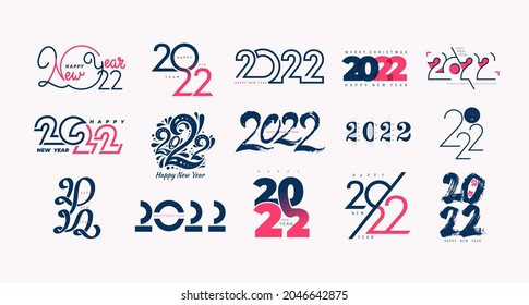 Mega set of logo design 2022 Happy New Year. 2022 number design template. Vector collection 2022 happy new year symbols. Decorative christmas elements blue and pink labels isolated on white background