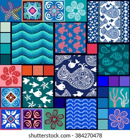 Mega set of marine patterns. Hand drawn doodle whales and fishes, mosaic waves, paisley ornaments, corals. Ethnic borders, fantasy bohemian flowers, ceramic tile. Sea textile collection. Blue palette.