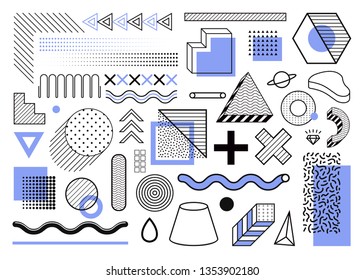 Mega set of memphis design elements, template for your project. Big colorful vector collection