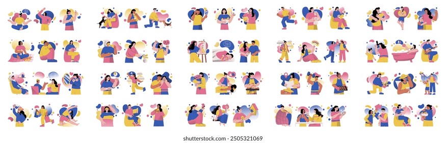 Mega set of mental health concepts with people scene in flat cartoon design. This set of bright illustrations is made in soft colors and shows men and women in various situations. Vector illustration.