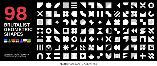 Mega Set of monochrome abstract geometric flat shapes. Bauhaus brutalist minimal Y2K elements collection for modern graphic design, poster, and contemporary layout projects