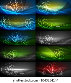 Mega set of nature neon tree backgrounds, vector illustrations