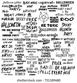 Mega set of over 50 Halloween quotes for posters about Halloween party and Scary phrases for greeting card printable wall art designs and flyers, different font calligraphy collection. Vector.