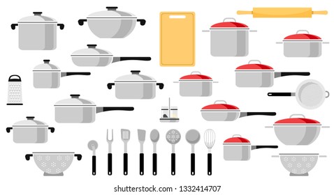 Mega set of pans and kitchen utensils. Vector illustration of a flat style.