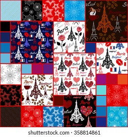 Mega set. Paris seamless patterns. Eiffel tower, lips, heart, flag, coffee and French words Bonjour (Hello), Merci (Thank you) and Salut (Hi). Travel textile collection. Backgrounds & textures shop.