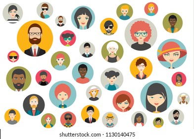 Mega set of persons, avatars, people heads  different nationality in flat style. Vector.