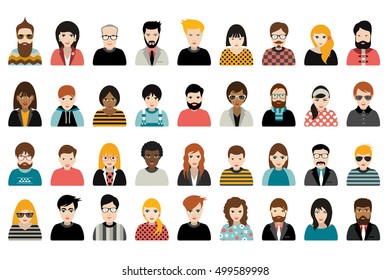 Mega set of persons, avatars, people heads  different nationality in flat style. Vector.