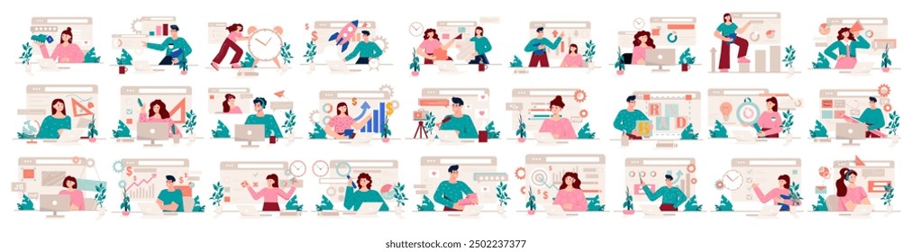 Mega conjunto de conceptos rosados con escena de personas en diseño plano de dibujos animados. Una enorme colección de ilustraciones vívidas que representan a hombres y mujeres en diversas situaciones. Ilustración vectorial.