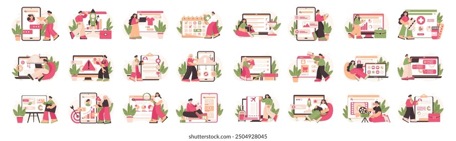 Mega conjunto de conceptos rosados con escena de personas en diseño plano de dibujos animados. Una extensa colección de ilustraciones vibrantes de hombres y mujeres con grandes objetos. Ilustración vectorial.