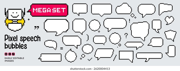 Mega Set de Pixel Bubbles. Caixas de fala retrô de 8 bits para jogos e interface do usuário. Conjunto de bolhas de fala em pixels vazias. Ilustração vetorial