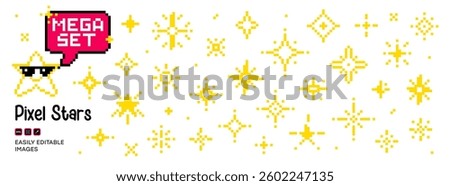Mega set of pixel sparkle stars in 8-bit retro style. Shiny pixel art effects for games. Pixelated bursts, fireworks, space decorations. 90s aesthetic, Y2K vibes.