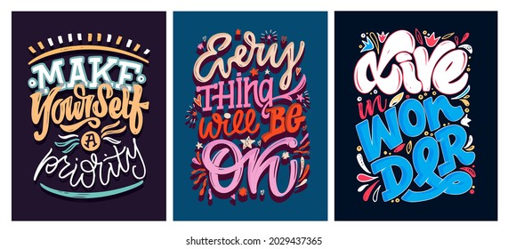 Mega set of posters. Hand drawn lettering quote in modern calligraphy style about life. Slogan for print and poster design. Vector illustration