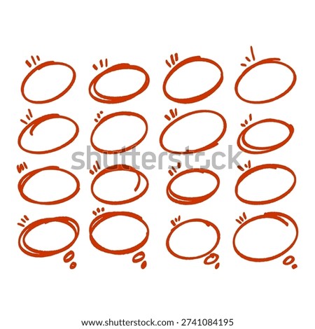 Mega Set Red Marker Oval Shape Outline. Minimalist Hand Drawn Brush for Creative Framing and Social Media Highlights.