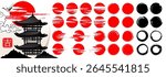 Mega set of Red Sun Symbols and Japanese Brush Circles. Grunge Calligraphy Stamps, Zen-Inspired Round Shapes, Korean or Chinese Style Elements, Set of black Abstract Asian Ink Blobs and Textures.