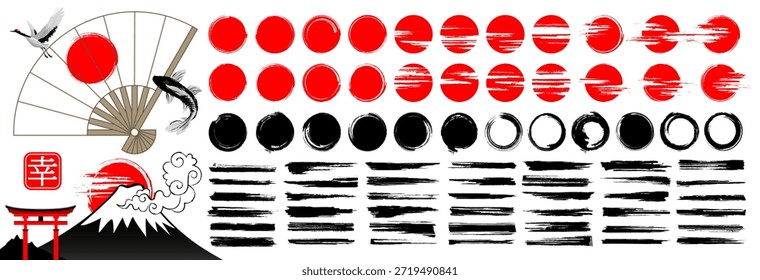 Mega set of Red Sun Symbols and Japanese Brush Circles. Grunge Calligraphy Stamps, Zen-Inspired Round Shapes, Korean or Chinese Style Elements, Set of black Asian Ink brushes, Blobs and Textures.