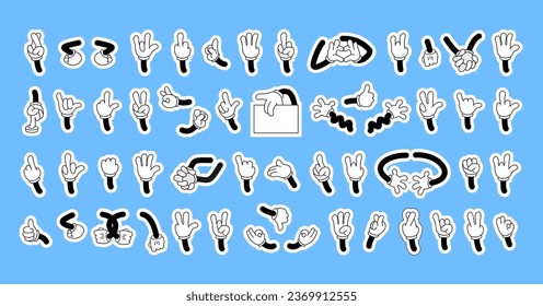 Mega set of retro cartoon arms gestures and hands poses. Comic funny character hands in glove. Hands in glove stickers. Vector illustration