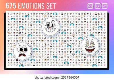 Mega conjunto de desenhos animados retrô rostos cômicos engraçados com diferentes expressões emocionais. Emoções caricaturais. Emoção expressiva, olhos, boca, sorridente, chorando e expressões de cara de personagem surpreso.