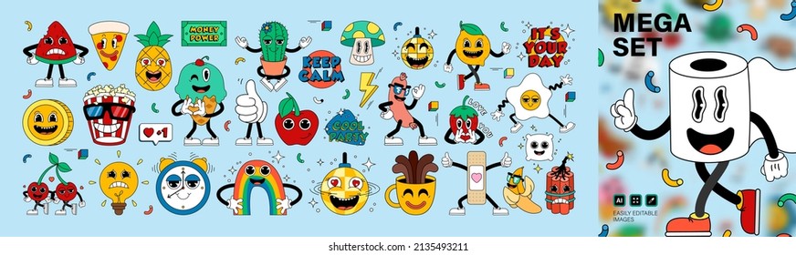 Mega set retro cartoon stickers with funny comic characters, gloved hands. Contemporary illustration with cute comic book characters. Hand drawn doodle comic characters. Contemporary cartoon style set