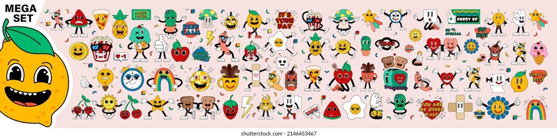 Mega set retro cartoon stickers with funny comic characters, gloved hands. Contemporary illustration with cute comic book characters. Doodle Comic characters. Contemporary cartoon style set. - Shutterstock ID 2146453467
