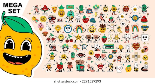 Mega set retro cartoon stickers with funny comic characters, gloved hands. Contemporary illustration with cute comic book characters. Doodle Comic characters. Contemporary cartoon style set.