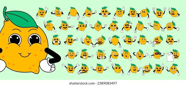 Mega set of retro cartoon stickers with funny comic Lemon characters, gloved hands. Contemporary illustration with cute comic characters. Comic lemon characters with hands. Cartoon style set