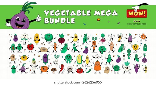 Mega set of retro cartoon stickers with funny comic vegetable characters, gloved hands. Playful, colorful, and hand-drawn comic book characters in contemporary illustration style.