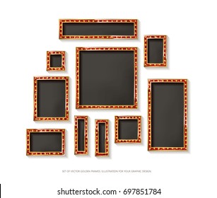 Mega set of retro frames with glowing lamps. Collection of banners with shining lights in vintage style isolated on white background. Vector illustration.
