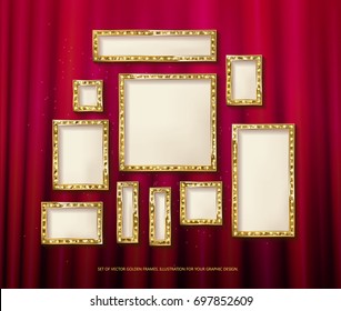 Mega set of retro frames with glowing lamps. Collection of banners with shining lights in vintage style isolated on red curtainbackground. Vector illustration.