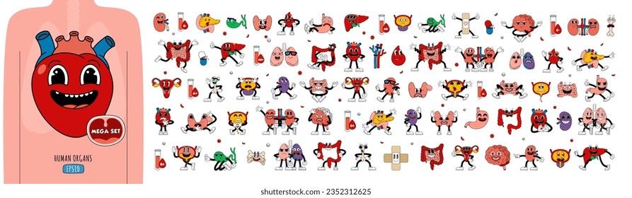 Mega set of retro human organs in funny comic cartoon style, gloved hands. Contemporary illustration with cute comic human organs characters. Doodle comic characters. contemporary cartoon style.
